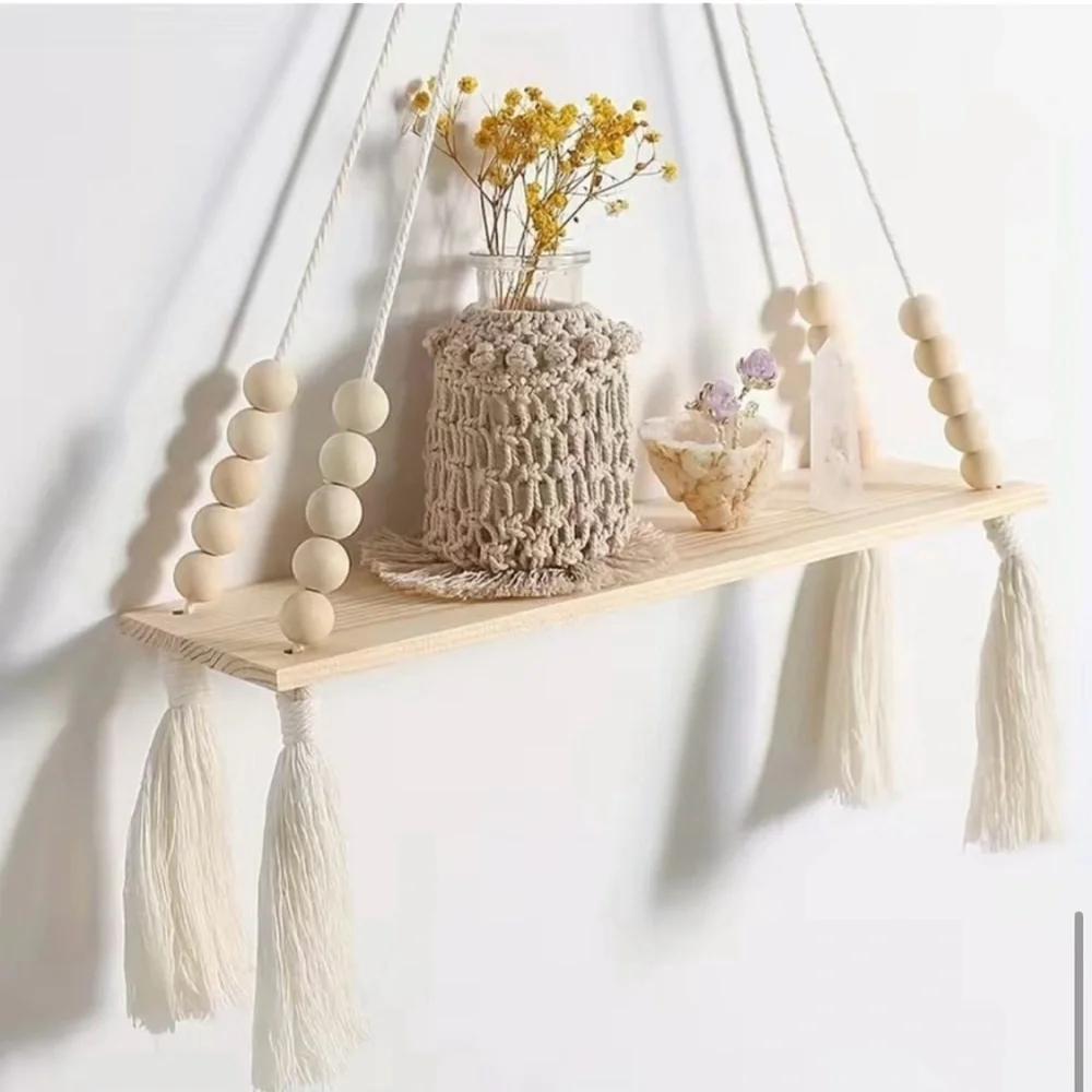 🆕NWT, Macrame Bohemian Wood Beaded Shelf